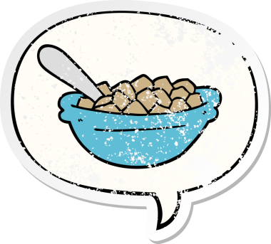 Çizgi film mısır gevreği kasesi. Konuşma baloncuğu. Bir insan tarafından çizilmiş sıkıntılı eski bir çıkartma.