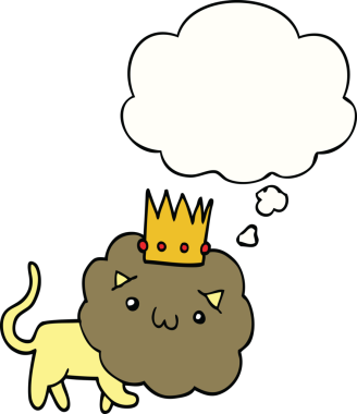 Bir insan tarafından çizilmiş düşünce baloncuklu taç takmış çizgi film aslanı.