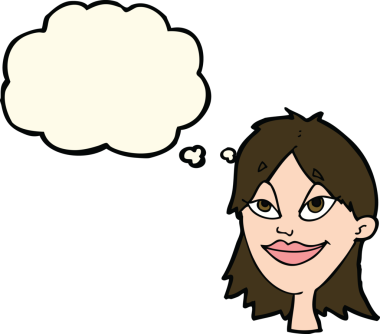 Bir insan tarafından çizilmiş düşünce balonlu mutlu kadın çizgi filmi.