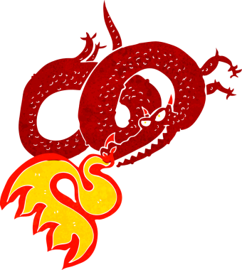 Bir insan tarafından çizilmiş ateş püskürten çizgi film ejderhası.