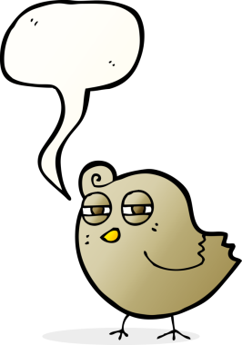 Bir insan tarafından çizilmiş konuşma baloncuklu komik çizgi film kuşu.