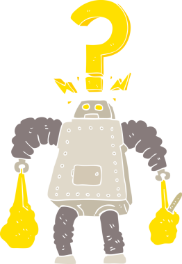 Bir insan tarafından çizilmiş alışverişi taşıyan kafası karışmış robotun düz renk çizimi