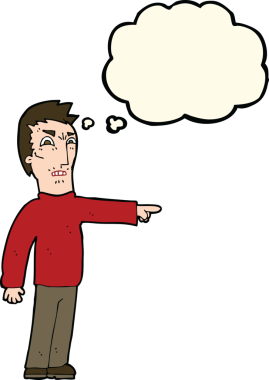 Bir insan tarafından çizilmiş düşünce baloncuğuyla işaret eden kızgın adam çizgi filmi.