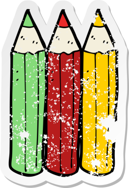 Bir insan tarafından çizilmiş karikatür renkli kalemlerin geriletilmiş yapıştırması.