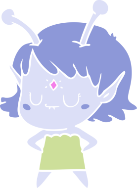 Bir insan tarafından çizilmiş düz renkli uzaylı kız çizgi filmi.