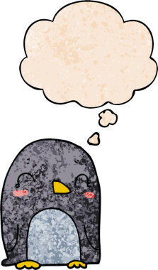 Bir insan tarafından çizilmiş grunge desenli düşünce baloncuklu penguen çizgi filmi.