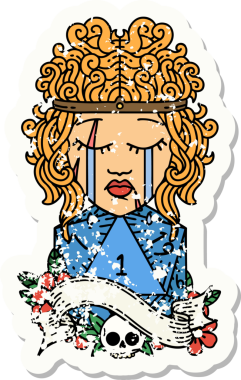 Ağlayan bir insan barbarının grunge çıkartması. Bir insan tarafından çizilmiş doğal bir D20 rulosu.