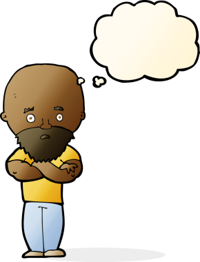 Karikatür, sakallı kel adamı şok etti. Düşünce baloncuğu insan tarafından çizildi.