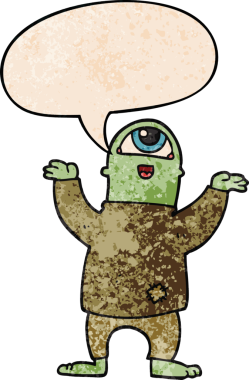 Bir insan tarafından çizilmiş eski moda konuşma baloncuklu cadılar bayramı çizgi filmi canavarı.