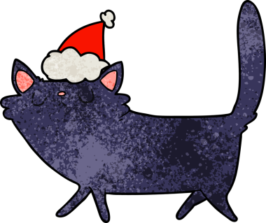 Bir insanın çizdiği Noel Baba şapkası takan siyah bir kedinin el çizimi karikatürü.