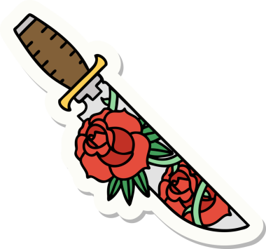 Geleneksel bir hançer stili dövme çıkartması ve bir insan tarafından çizilmiş çiçekler.