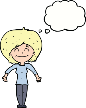 Bir insan tarafından çizilmiş düşünce baloncuğuyla omuz silken çizgi film kadını.