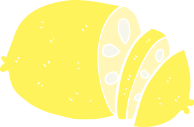 Düz renkli karikatür dilimlenmiş limon bir insan tarafından çizilmiş.