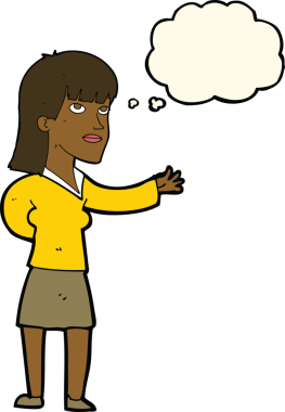 Bir insan tarafından çizilen düşünce baloncuğuyla açıklayan çizgi film kadını.