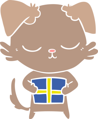 Sevimli düz renkli çizgi film köpeği ve bir insan tarafından çizilmiş noel hediyesi.