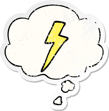 Düşünce baloncuklu karikatür yıldırımı bir insan tarafından çizilmiş yıpranmış bir çıkartma.