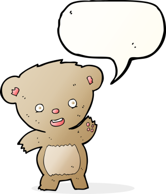 Bir insan tarafından çizilmiş konuşma balonlu oyuncak ayıyı sallayan çizgi film.