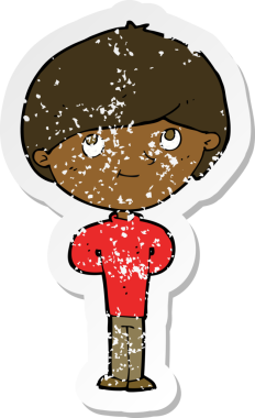 Bir insan tarafından çizilen mutlu çocuk çizgi filminin kederli retro yapıştırması.