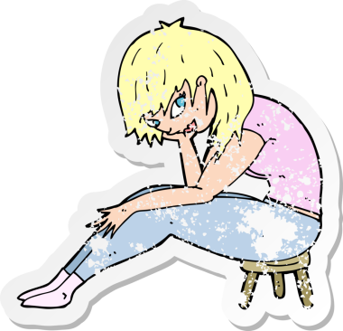 Bir insan tarafından çizilmiş küçük bir taburede oturan karikatür kadının gerilimli retro yapıştırması.