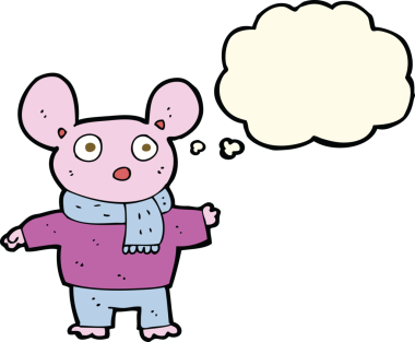 Bir insan tarafından çizilmiş düşünce baloncuklu kıyafet giymiş çizgi film faresi.