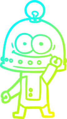 Bir insan tarafından çizilmiş ampullü mutlu bir robot çizimi.