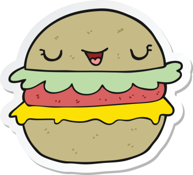 Bir insan tarafından çizilmiş çizgi film burgerinin çıkartması.