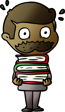 Bir insan tarafından çizilmiş bıyıklı ve kitaplı bir çizgi film adamı.