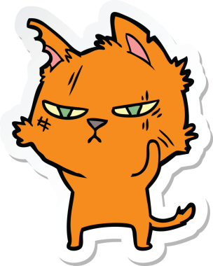 Bir insan tarafından çizilmiş sert bir çizgi film kedisinin çıkartması.