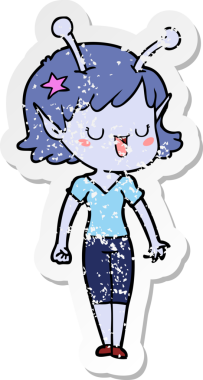 Bir insan tarafından çizilmiş mutlu uzaylı kız çizgi filminin sıkıntılı çıkartması.