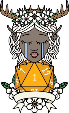 Retro Dövme Tarzı Üzgün Elf Karakteri Yüzü Doğal bir D20 ruloyla Bir insan tarafından çizilmiş