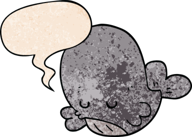 Konuşma baloncuğu olan karikatür balinası insan tarafından çizilmiş.