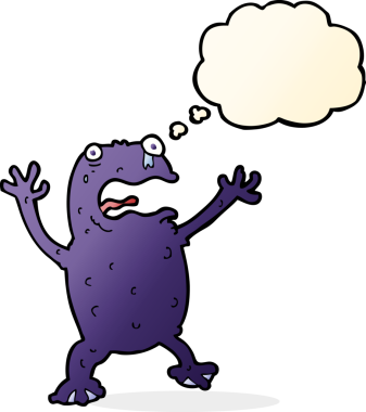 Bir insan tarafından çizilmiş düşünce baloncuklu zehirli kurbağa çizgi filmi.