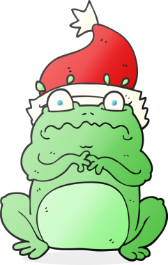 Bir insan tarafından çizilmiş el yazısıyla çizilmiş Noel şapkalı kurbağa.