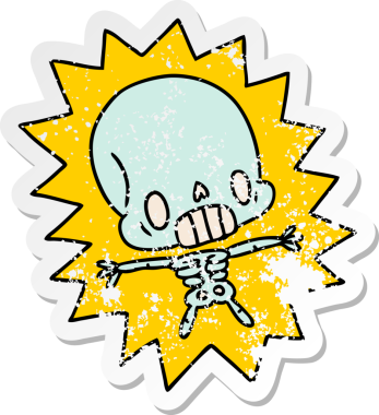 Sıkıntılı etiket çizimi Kawaii bir insan tarafından çizilmiş iskelete elektrik verdi.