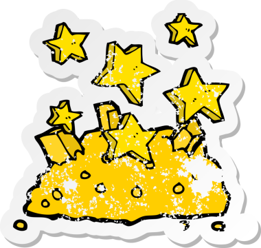 Bir insan tarafından çizilmiş bir çizgi film altın yığınının geriletilmiş etiketi.