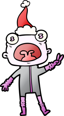 Bir insan tarafından çizilmiş Noel Baba şapkası giymiş garip bir uzaylının el çizimi karikatürü.