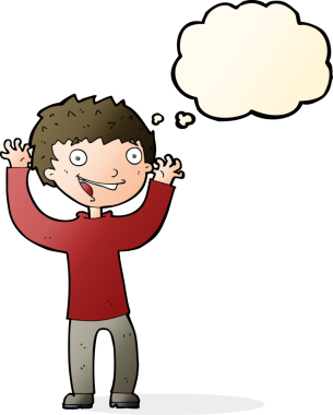 Bir insan tarafından çizilmiş düşünce baloncuğu olan heyecanlı çocuk.