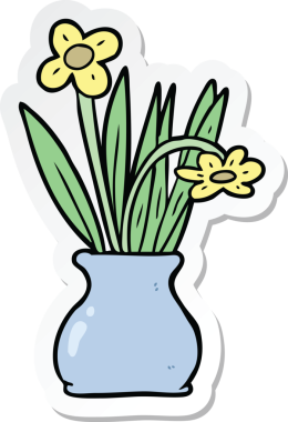 Bir insan tarafından çizilmiş saksıdaki karikatür çiçeğinin etiketi.