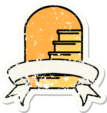 Bir insan tarafından çizilmiş basamaklara açılan kapı armalı eski bir etiket.