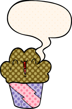 Bir insan tarafından çizilmiş, yüzünde konuşma balonu olan çizgi roman tarzı bir kek.