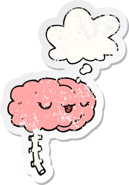 Düşünce baloncuklu mutlu çizgi film beyni bir insan tarafından çizilmiş yıpranmış bir çıkartma gibi.