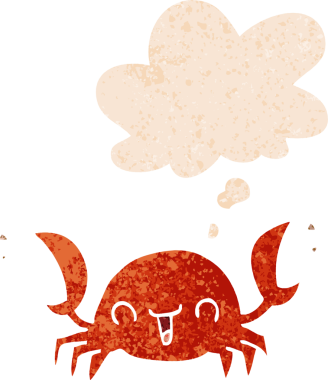 Düşünce baloncuklu çizgi film yengeci grunge dertli retro desenli bir insan tarafından çizilmiş