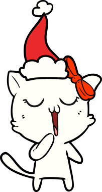 Bir insan tarafından çizilmiş Noel Baba şapkası takan bir kedinin çizimi.