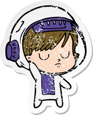 Bir insan tarafından çizilmiş karikatür astronot kadının sıkıntılı çıkartması.