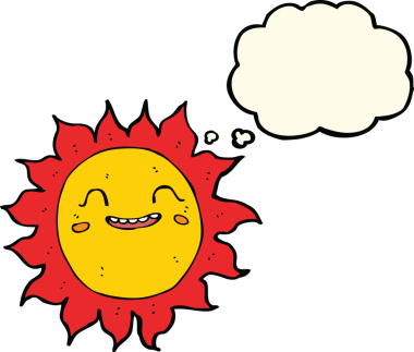 Bir insan tarafından çizilmiş düşünce baloncuklu mutlu güneş çizgi filmi