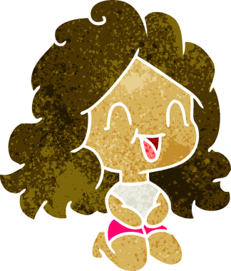 El yazısıyla çizilmiş eski bir çizgi film. Şirin bir kawaii. Bir insan tarafından çizilmiş mutlu bir kız.