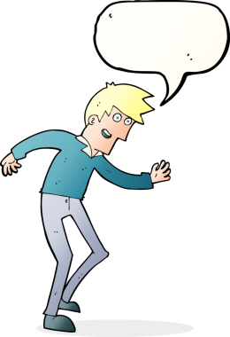 Bir insan tarafından çizilmiş konuşma balonuyla dans eden mutlu adam çizgi filmi.