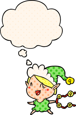 Çizgi roman tarzında bir insan tarafından çizilmiş bir düşünce balonuyla mutlu noel elfi.