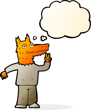 Bir insan tarafından çizilmiş düşünce balonlu mutlu tilki adam.