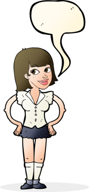 Bir insan tarafından çizilmiş konuşma balonlu elleri olan çizgi film kadını.